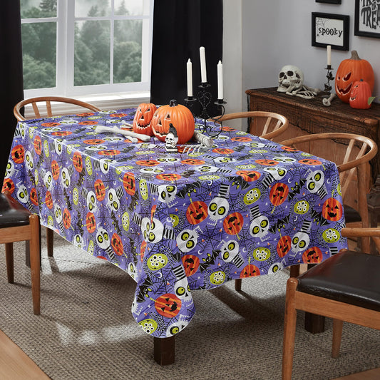 Newbridge Halloween Whimsical Ghoulish Gang 52 x 52 Inch Square Vinyl Tablecloth with Flannel Backing, Fun Skulls and Pumpkin Design, Easy Care Wipe Clean Halloween Table Cover