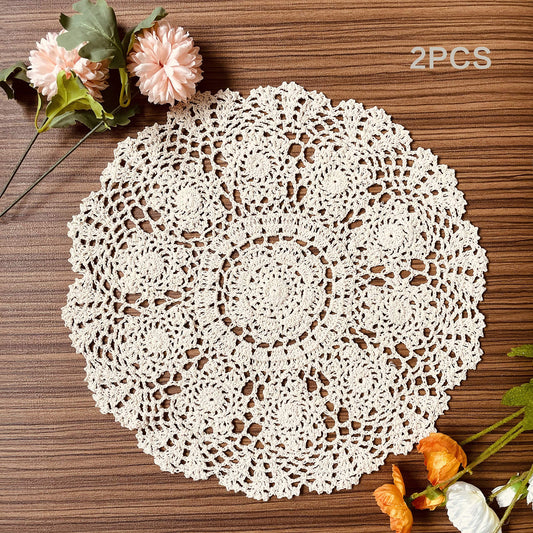 COOKY Handmade Crochet Cloth Lace Doilies 2Pcs - Table Colth Placemats Vintage Decorate Lace Floral Tablecloths, Beige（Round,20inch）