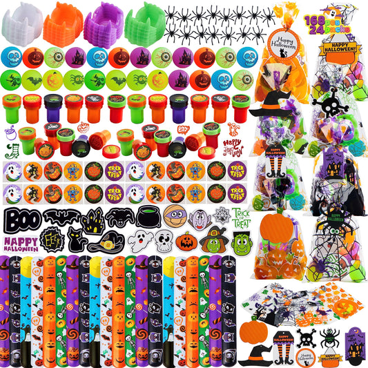 JOYIN 168 Pcs Halloween Stationery Set, 24 Pack Goody Bags with Halloween Tags Including Vampire Teeth, Spiders, Stamps, Stickers, Slap Bracelets for Kids Trick or Treating, Party Favors Supplies