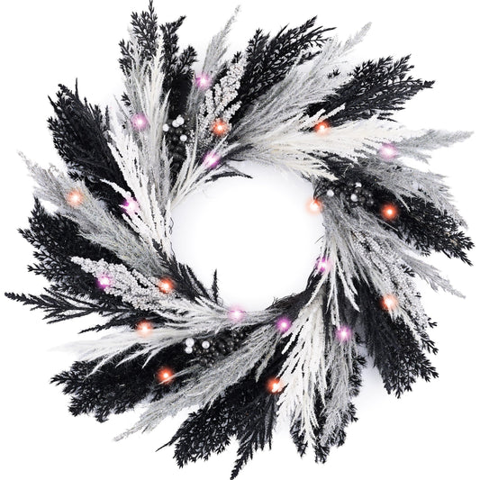 DecorbyHannah Halloween Wreath for Front Door, 18 Inch Pre-Lit Faux Black Pampas Grass Gothic Spooky Wreath with Lights and Timer, Fall Door Decor for Fireplace Mantle Porch Wall Home Indoor Outdoor