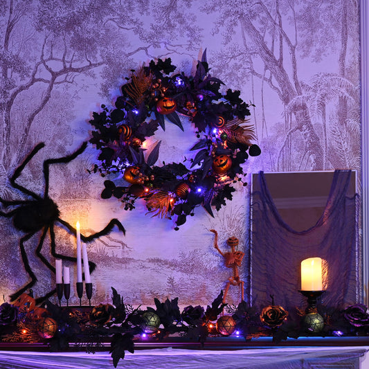 Valery Madelyn Halloween Decorations Value Bundle (2 Items), 24 Inch Halloween Wreath for Front Door & 6 Feet Halloween Garland for Holiday Party Indoor Home Decor