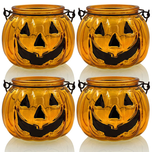 Halloween Candle Holders Set of 4, SHMILMH Tealight Votive Candle Holders with Grimace, Metal Hanging Pumpkin Jack O Lanterns Decorative Halloween Table Centerpiece Orange