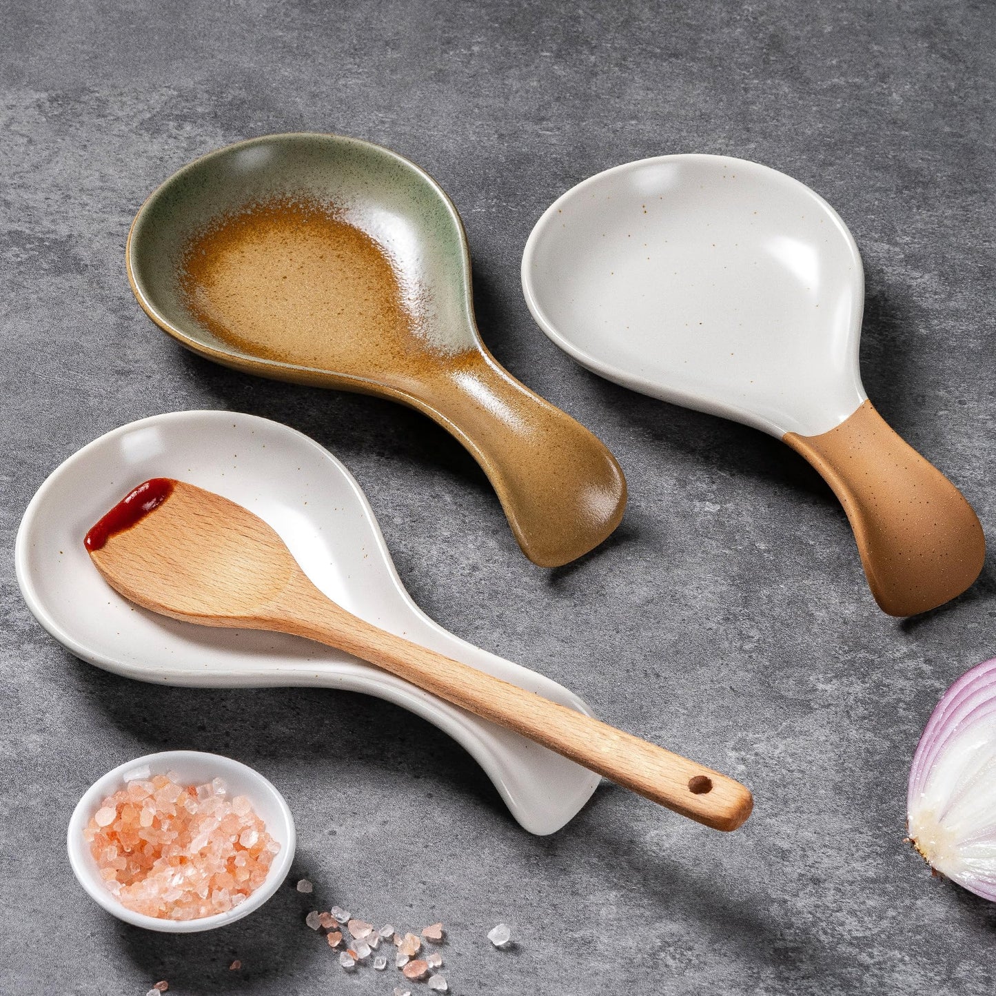 Caigmo Spoon Rest for Stove Top, Heat Resistant Ceramic Utensil Rest for Kitchen Countertop, Coffee Spoon Holder, Dishwasher Safe, White & Terracotta