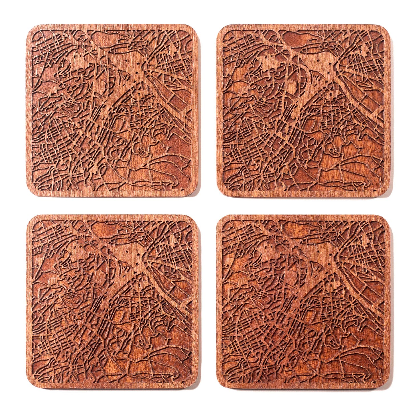 Stuttgart Map Coaster by O3 Design Studio, Set Of 4, Sapele Wooden Coaster With City Map, Handmade