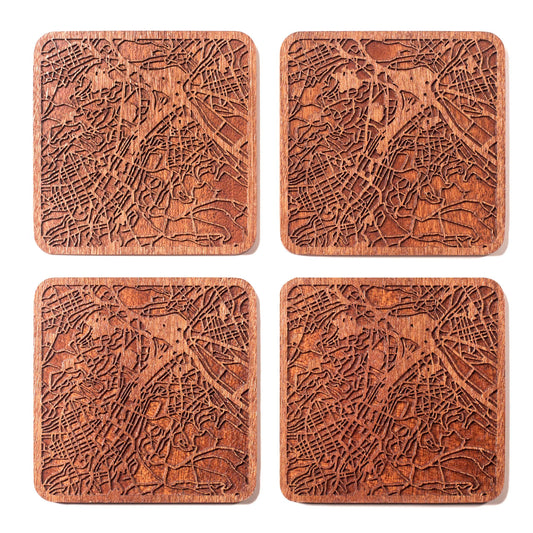 Stuttgart Map Coaster by O3 Design Studio, Set Of 4, Sapele Wooden Coaster With City Map, Handmade