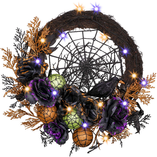 Valery Madelyn Halloween Wreath for Front Door with Lights, 24 Inch Pre-Lit Roses Crow Spider Webs Ball Ornaments Collapsible Halloween Wreath Decorations Indoor for Table Centerpiece Holiday Decor