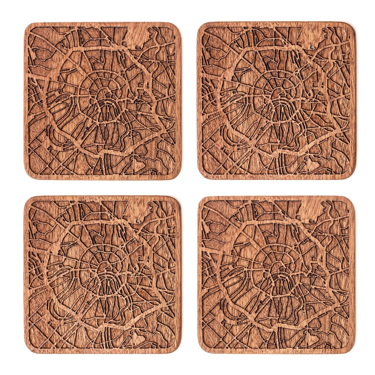 Moscow Map Coaster by O3 Design Studio, Set Of 4, Sapele Wooden Coaster With City Map, Handmade