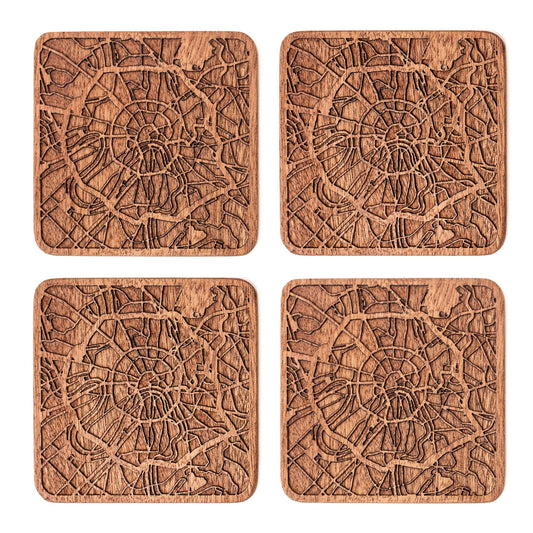 Moscow Map Coaster by O3 Design Studio, Set Of 4, Sapele Wooden Coaster With City Map, Handmade